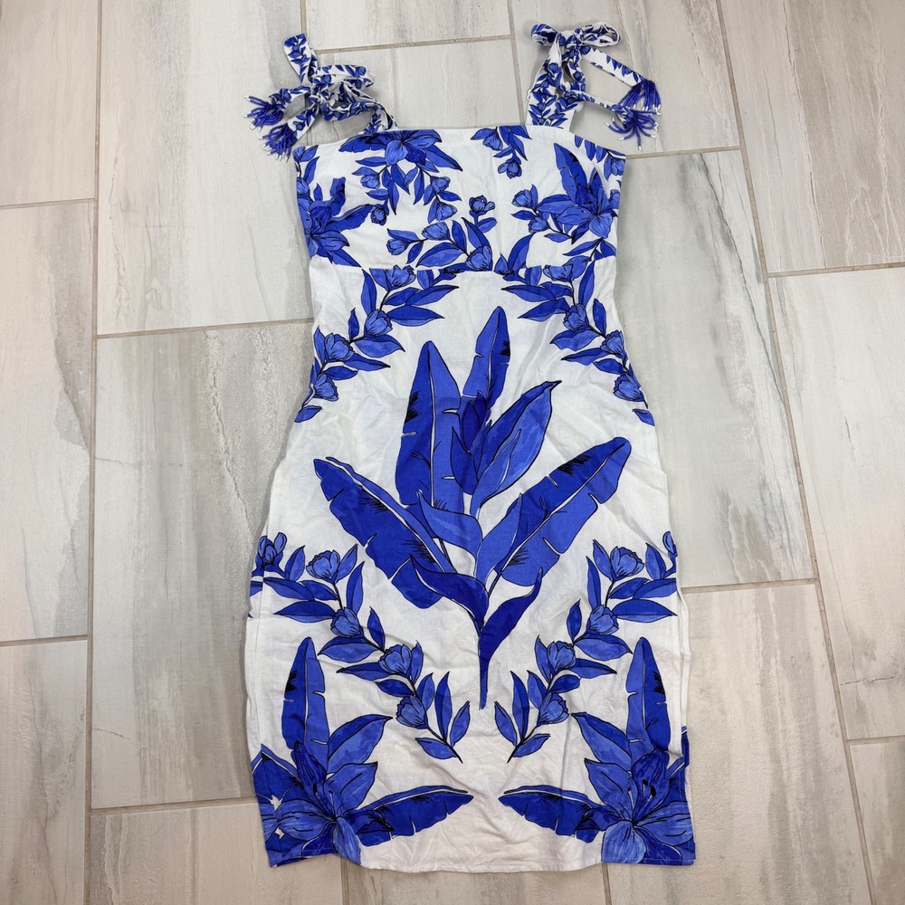 Calypso St Barth Linen Blend Floral Tie Strap Dress Blue White XL 0849527